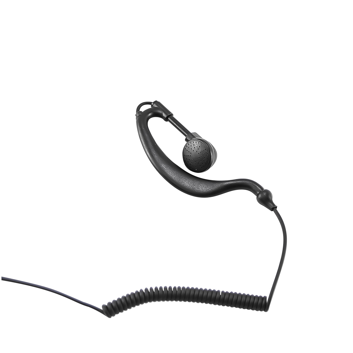 Cuffia nera con auricolare, auricolare e cavo a spirale. È su sfondo bianco. La cuffia è per la comunicazione.