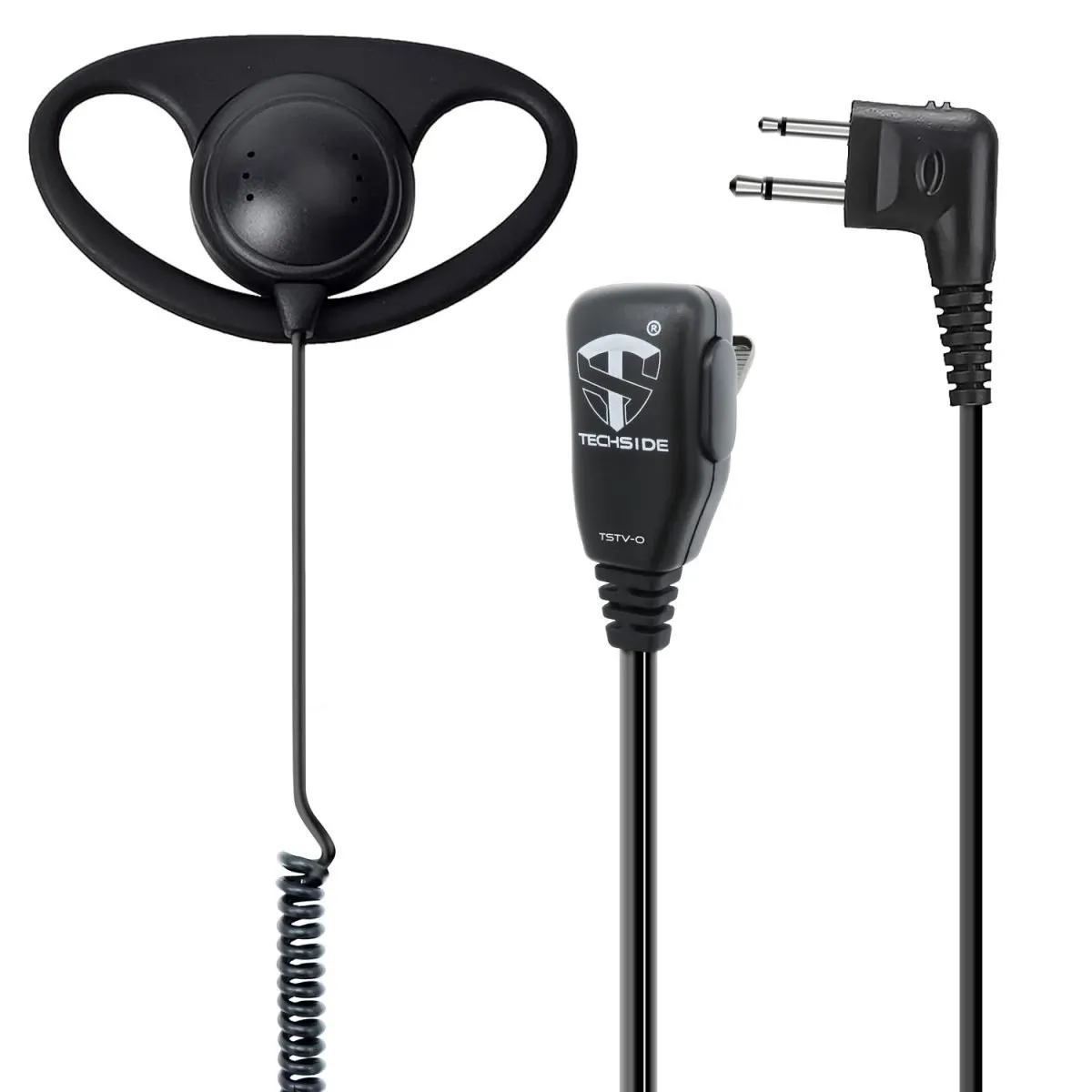 Auricolare nero, microfono e spina su sfondo bianco. L'auricolare è rotondo e ha un gancio. Sul microfono c'è scritto TECHSIDE.