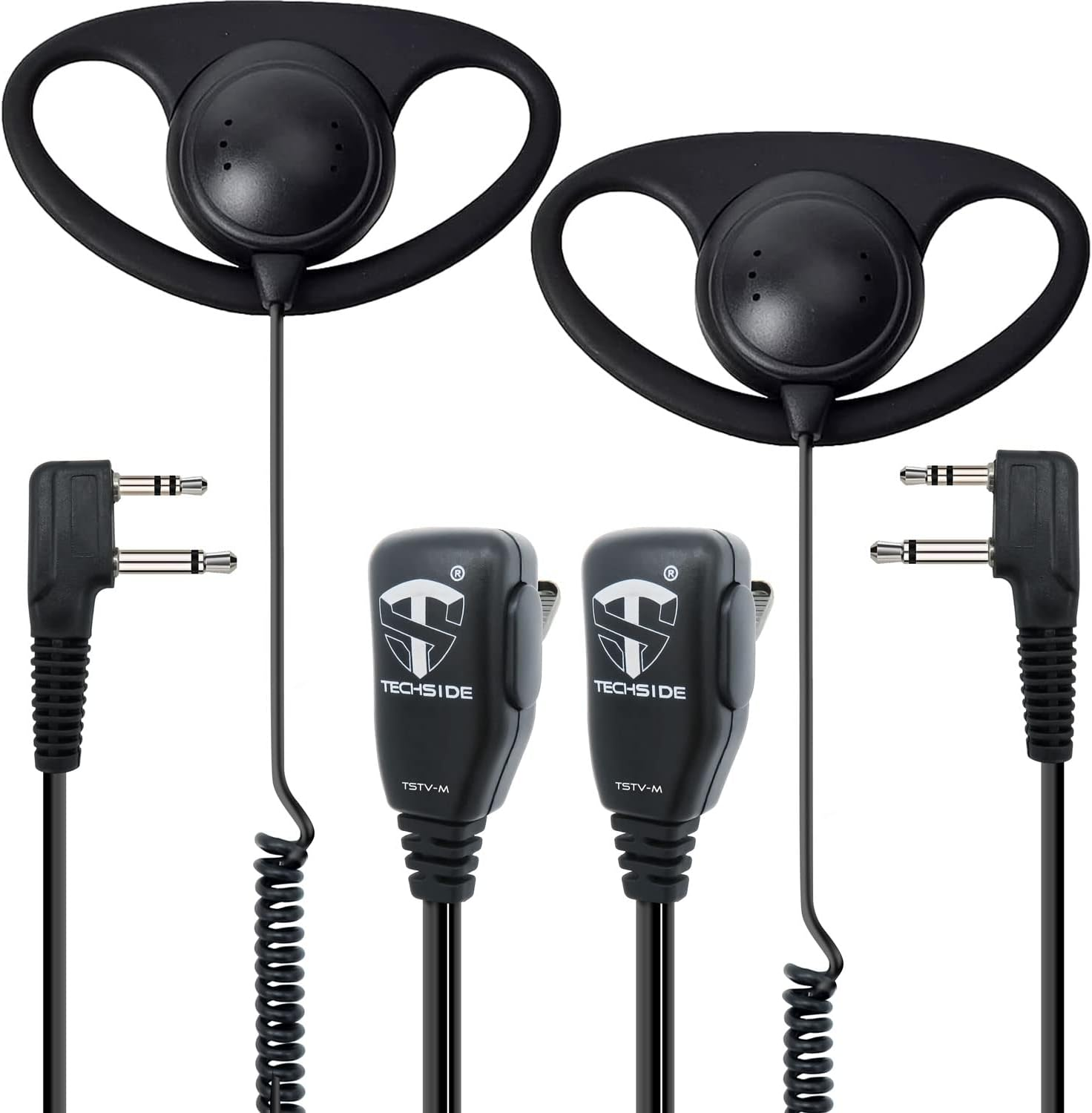 Due auricolari neri con microfoni, connettori e cavi a spirale. Gli auricolari hanno il logo Techside.