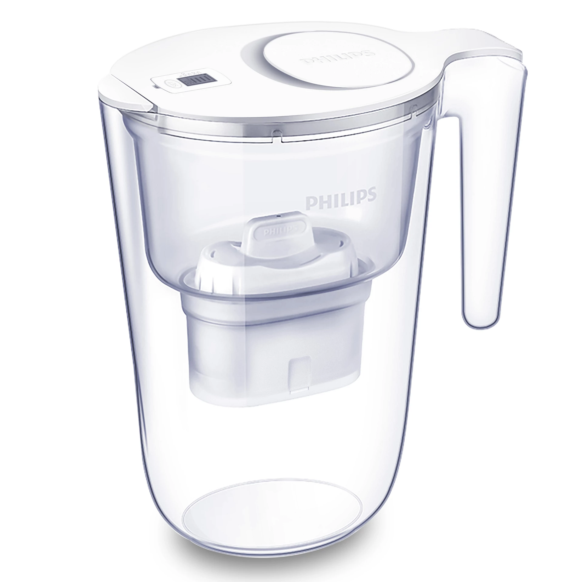 Una caraffa filtrante Philips bianca e trasparente. Ha coperchio e manico bianchi. Il filtro è visibile all'interno.