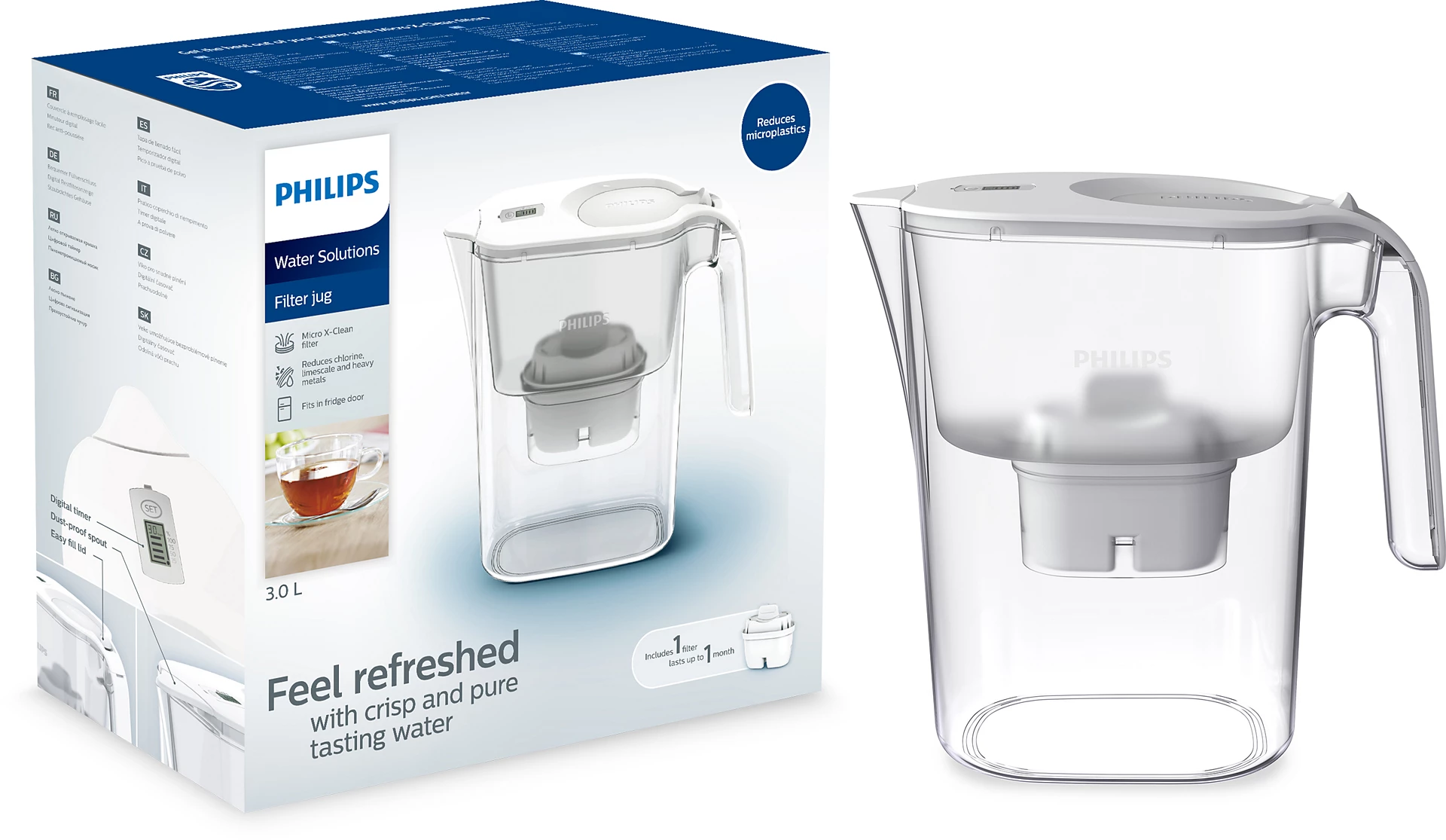 Una caraffa filtrante Philips, in una scatola. La caraffa è in plastica trasparente, con coperchio bianco. Testo: 'Sentirsi rinfrescati'.