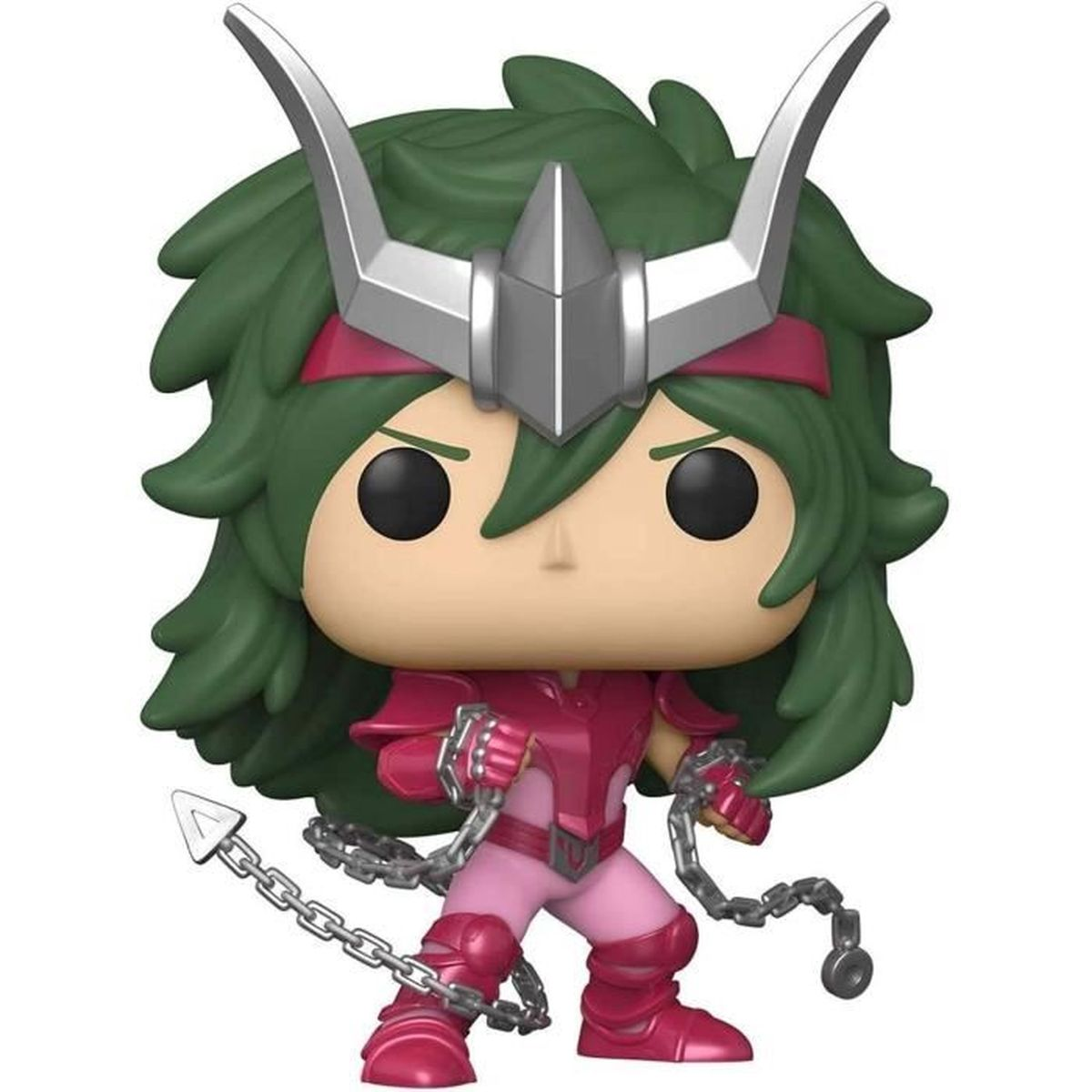 Una figura Funko Pop de un personaje con cabello verde, un tocado plateado y armadura roja y rosa que sostiene cadenas.