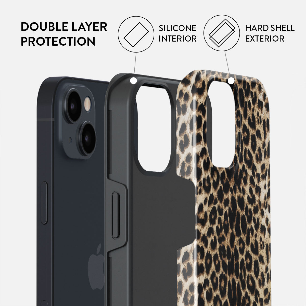 Een telefoonhoesje met dubbellaagse bescherming wordt getoond. Het heeft een zwart siliconen binnenkant en een buitenkant met luipaardprint.