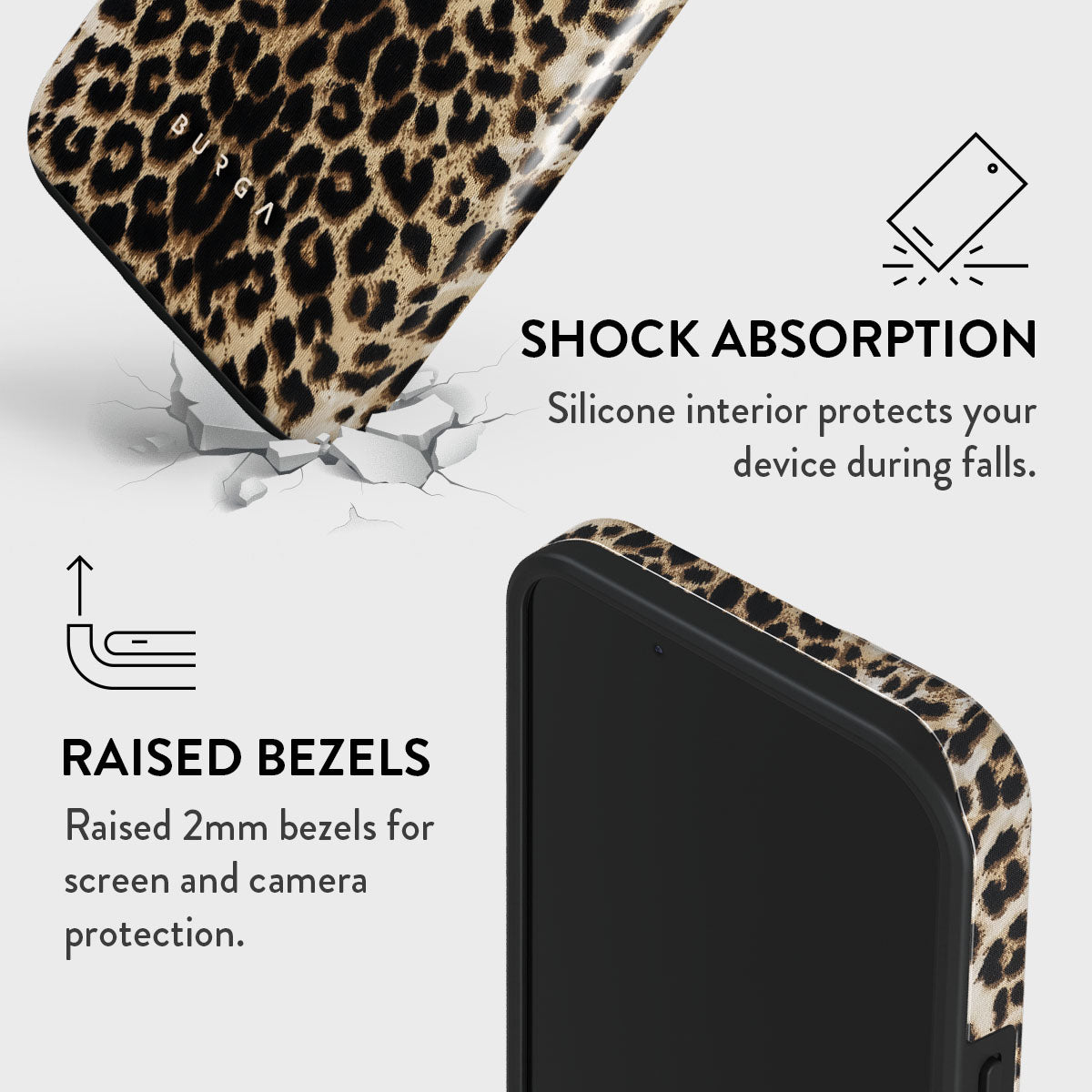 Een telefoonhoesje met luipaardprint. Het heeft verhoogde randen, schokabsorptie en een siliconen binnenkant voor bescherming.