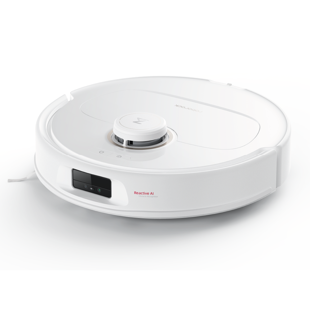 Biały robot odkurzający na białej powierzchni. Ma okrągły korpus z centralną wieżą i czarny panel z napisem 'Reactive AI'.