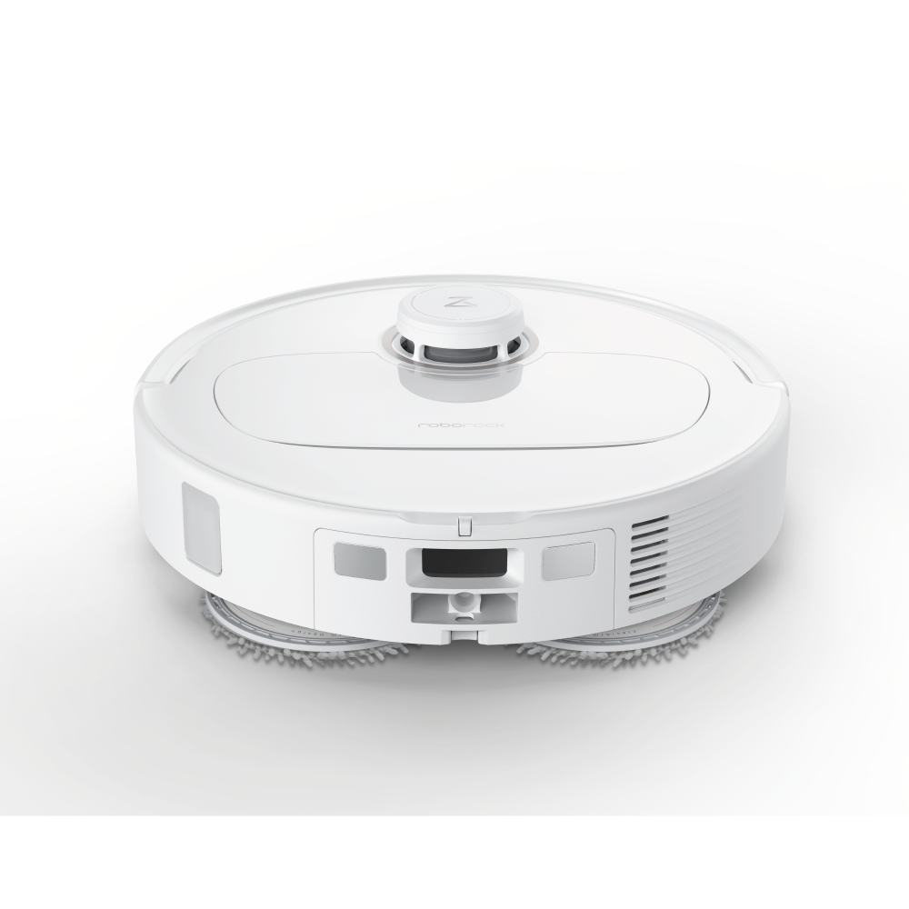 Pokazany jest biały robot odkurzający Roborock. Ma okrągły kształt z centralnym czujnikiem i szczotkami bocznymi. Tło jest białe.