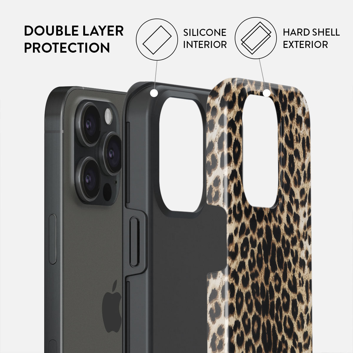 Telefoonhoesje met luipaardprint aan de buitenkant, siliconen binnenkant en een telefoon. Dubbele bescherming.