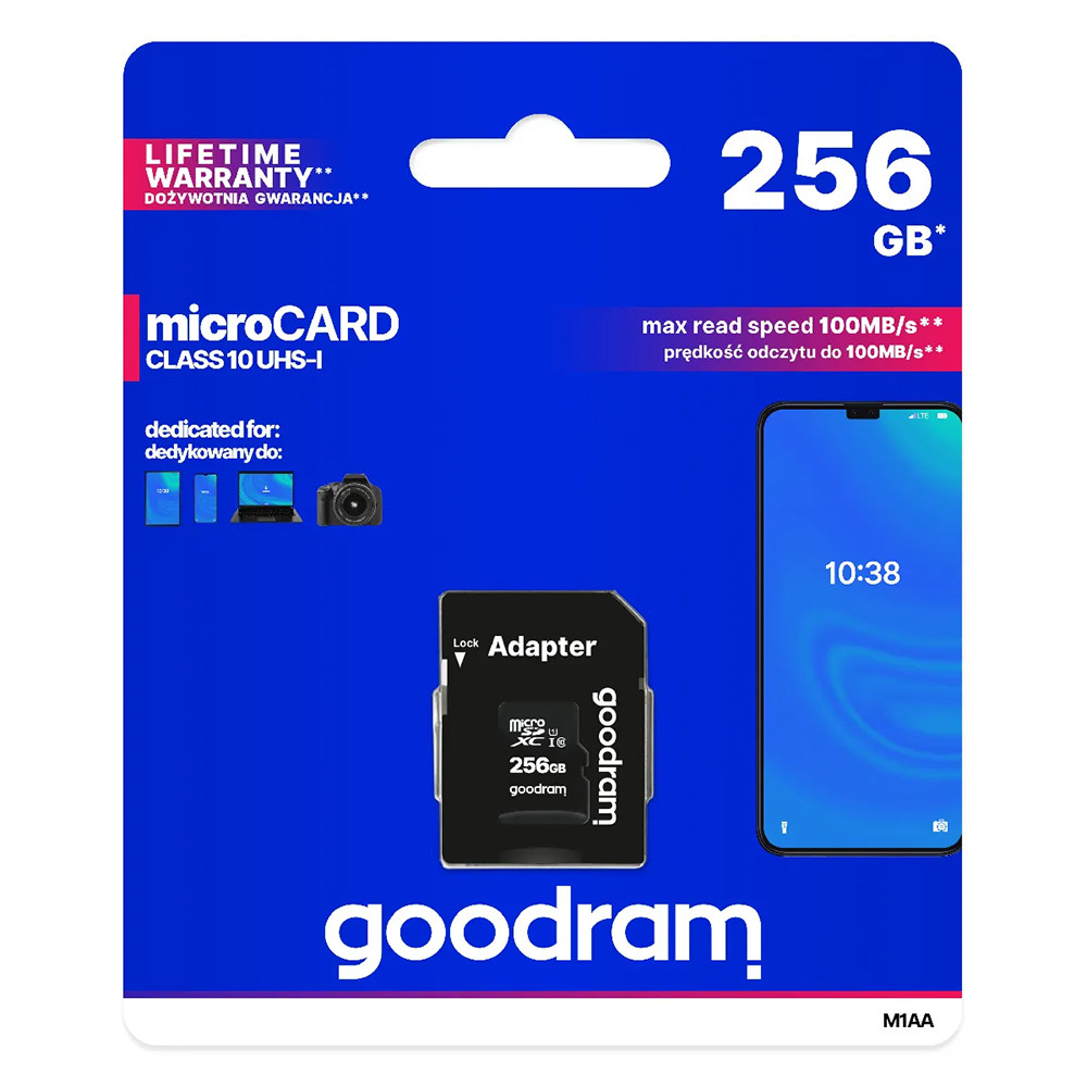 Eine blaue Verpackung mit einer 256GB microSD-Karte. Merkmale sind lebenslange Garantie und eine Telefonillustration mit der Uhrzeit 10:38.