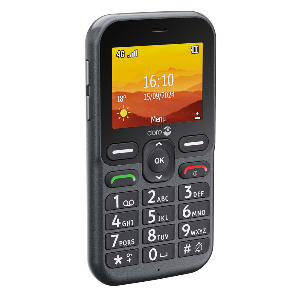 Szary telefon Doro pokazuje godzinę 16:10, datę 15.09.2024 i 18 stopni. Posiada klawiaturę z dużymi przyciskami.