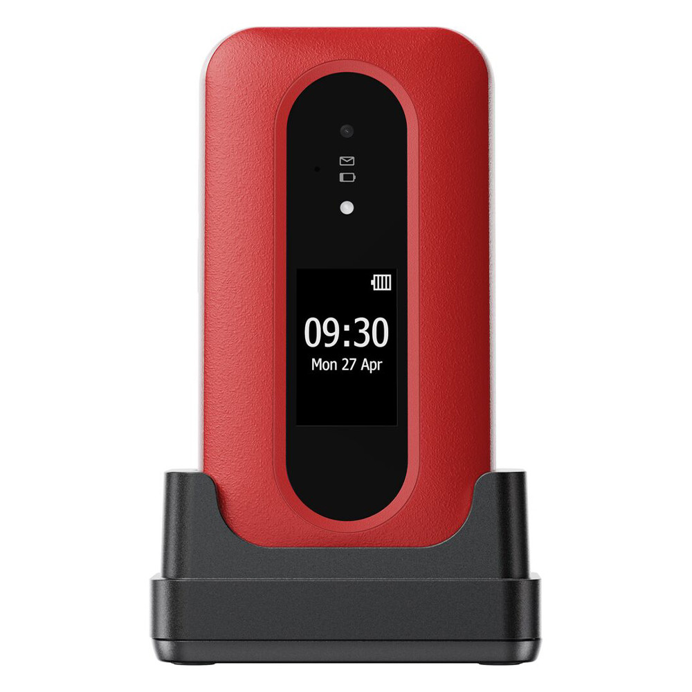 Czerwone urządzenie z ekranem pokazującym 09:30. Znajduje się w czarnej stacji dokującej. Nad ekranem znajdują się wskaźniki stanu.