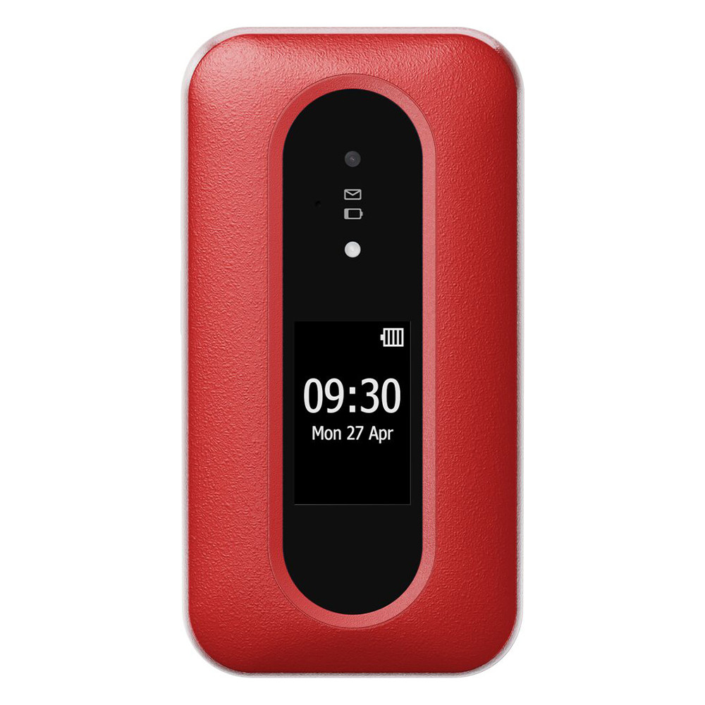Czerwone urządzenie przenośne z ekranem pokazującym godzinę 09:30 i datę. Ma czarny ekran i biały tekst.