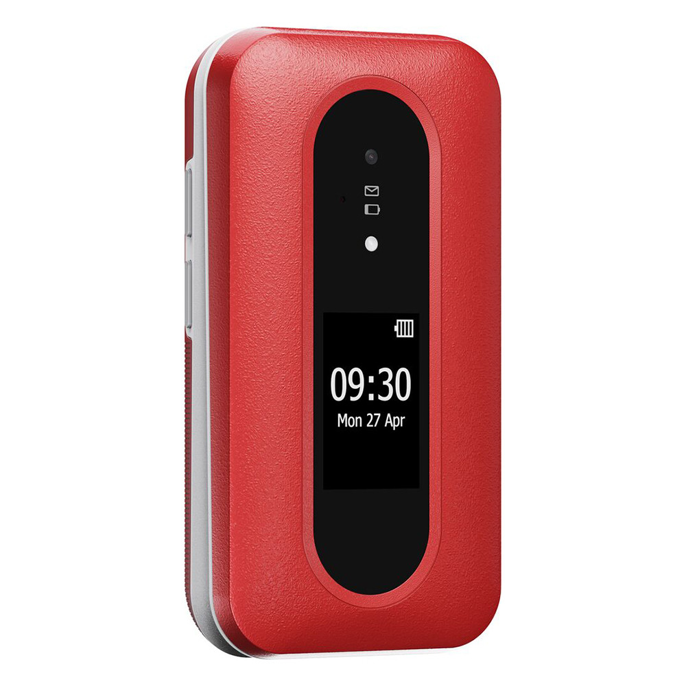 Czerwono-biały telefon z klapką z czarnym ekranem wyświetlającym godzinę i datę. Telefon jest na białym tle.