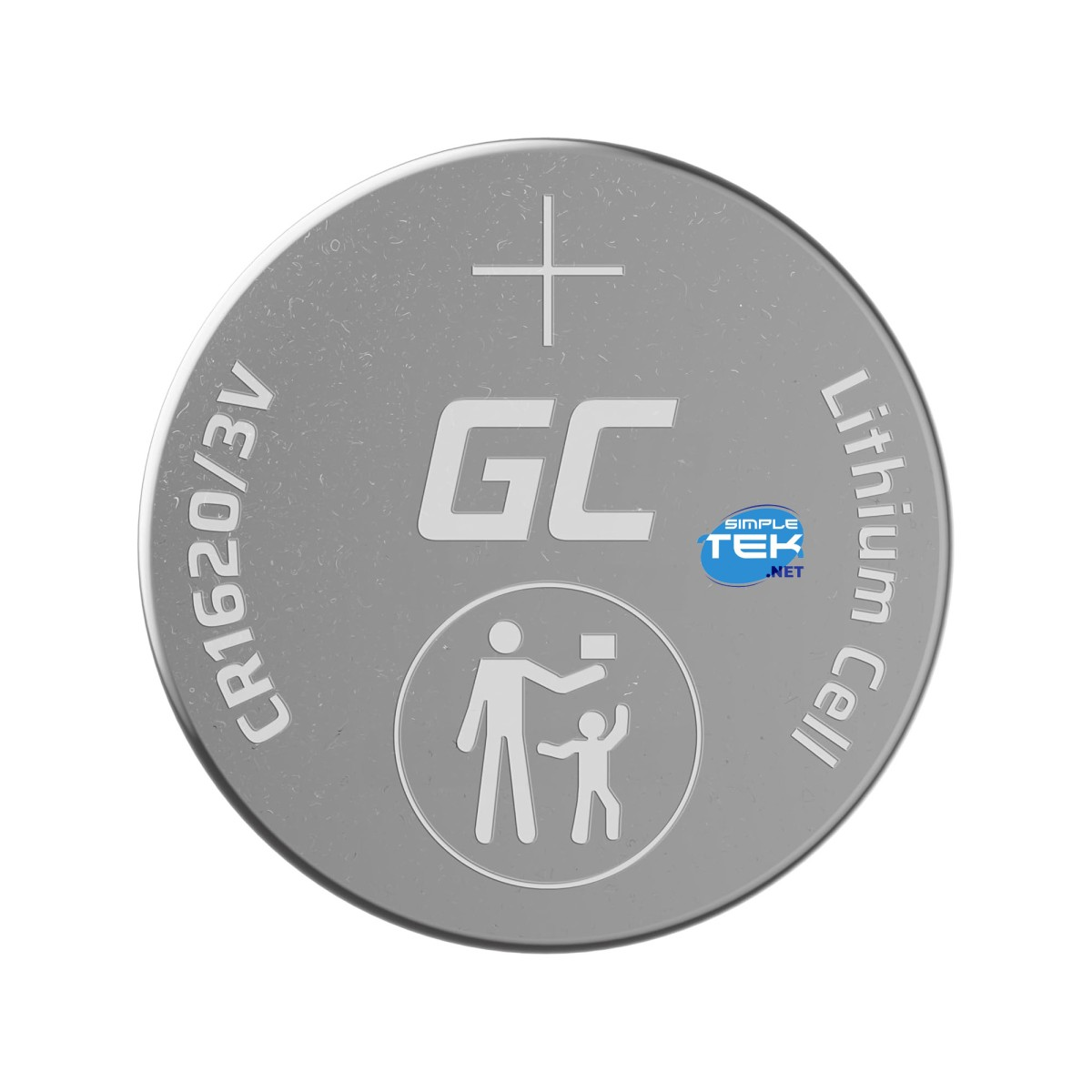 Srebrna bateria pastylkowa litowa CR1620/3V. Zawiera napis 'GC', znak plusa i symbol bezpieczeństwa dzieci.