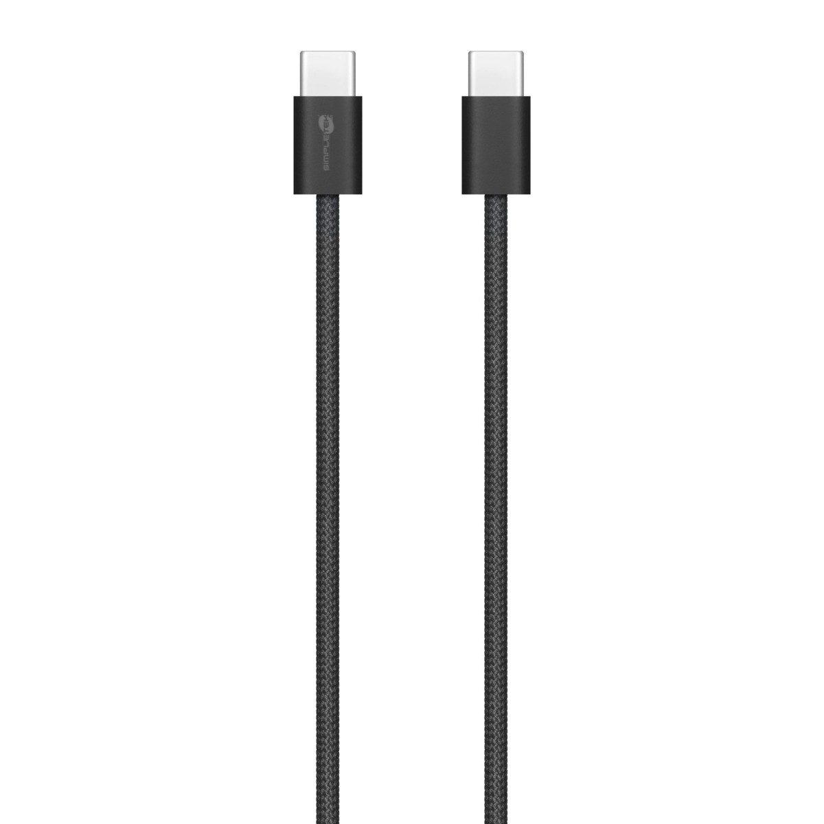 Dwa czarne kable USB-C są ustawione pionowo. Każdy ma srebrne złącze. Kable mają teksturowaną, ciemnoszarą plecioną konstrukcję.