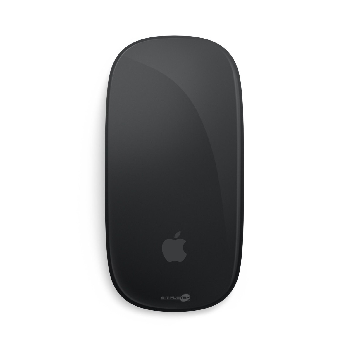 Czarna mysz Apple Magic Mouse na białym tle. Mysz ma gładką, błyszczącą powierzchnię z logo Apple i SIMPLETEK.