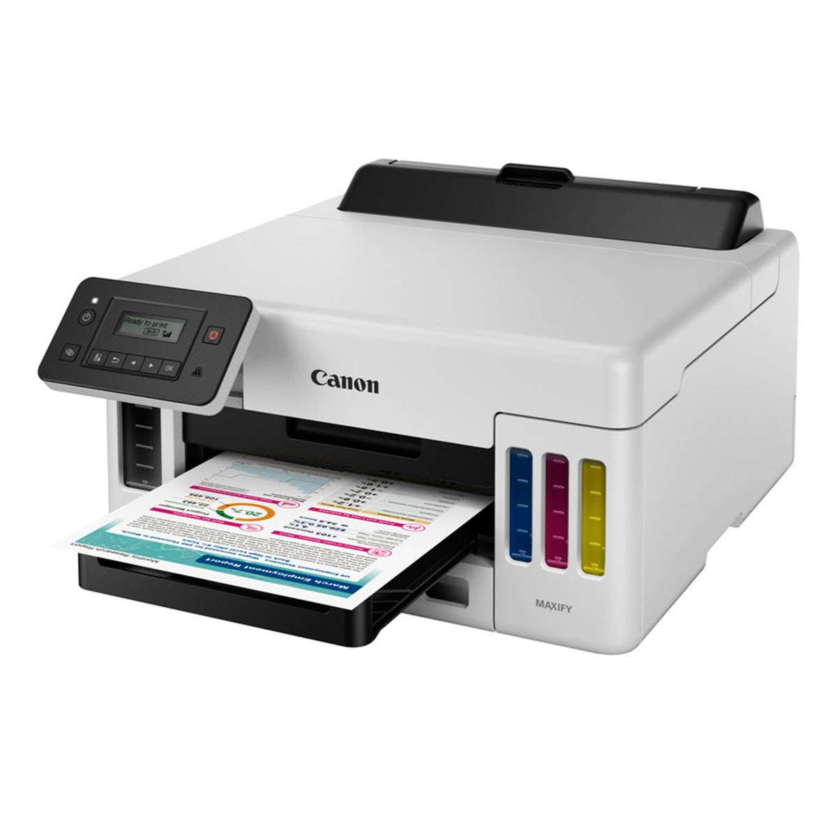 Drukarka Canon Maxify drukuje raport. Ma czarną górę, ekran i zbiorniki z tuszem. Raport znajduje się w tacy.