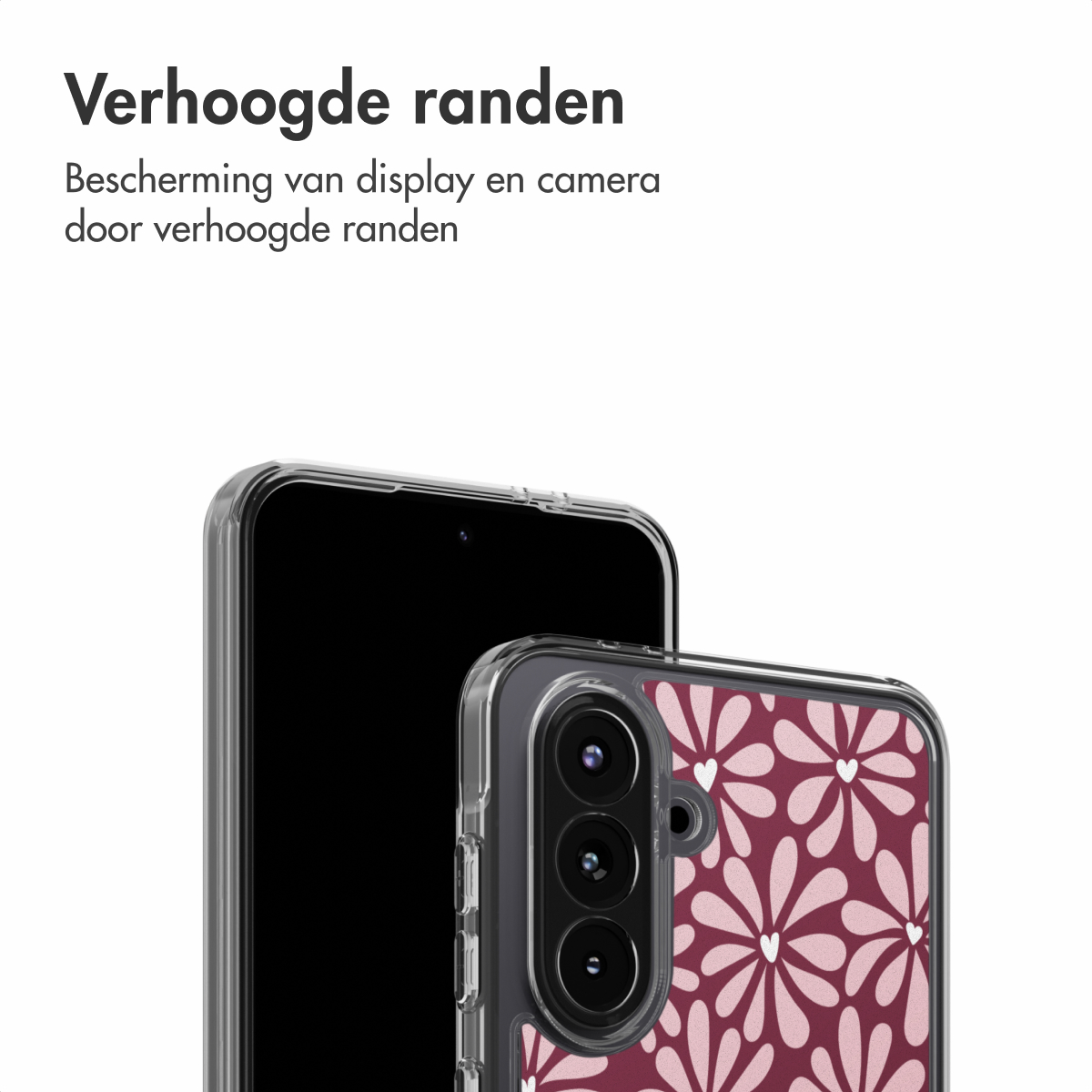 Een smartphone in een transparante hoes. De hoes heeft een bloemenpatroon in roze en wit. Het scherm is zwart.