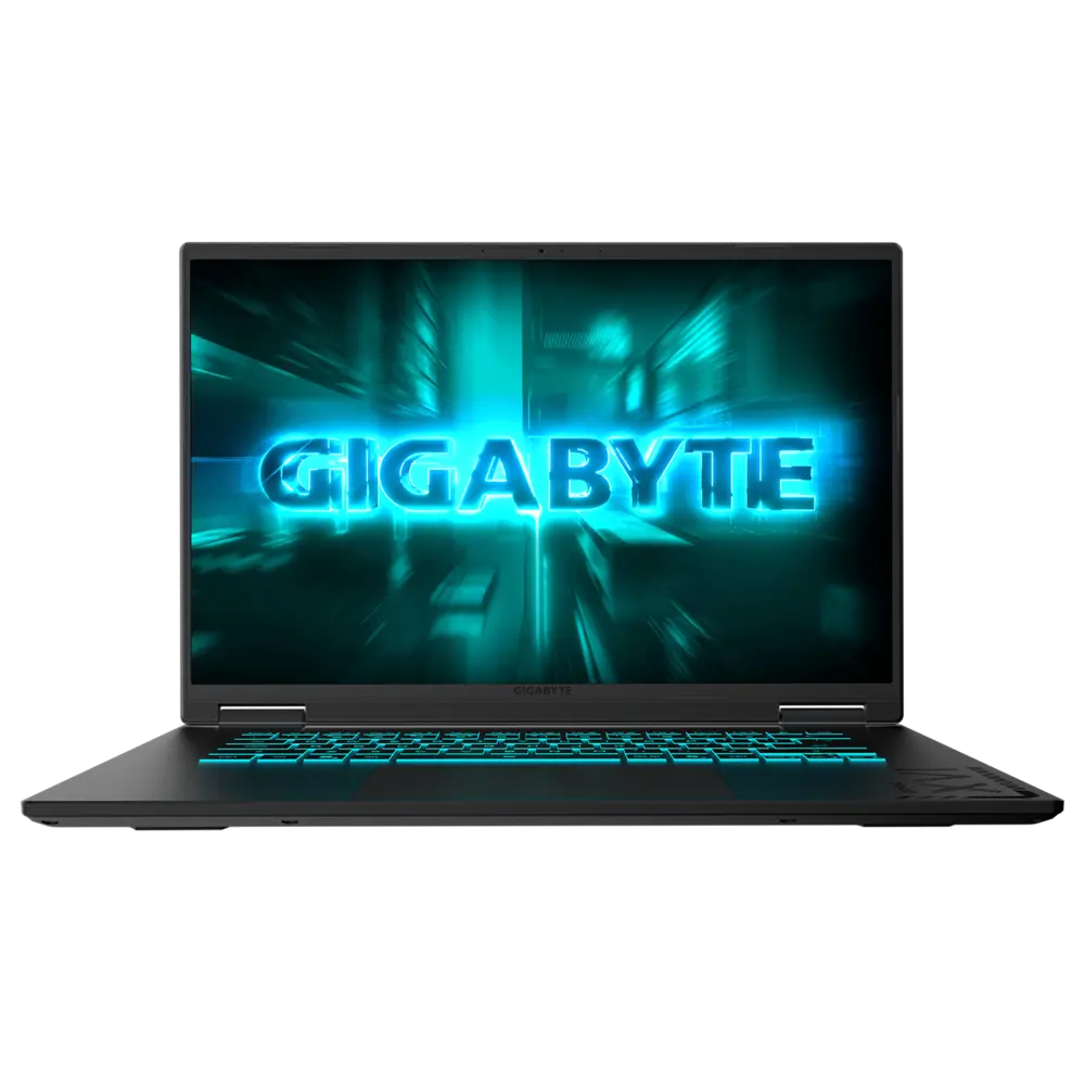 Siyah bir Gigabyte dizüstü bilgisayar. Ekran parlak mavi renkte 'GIGABYTE' yazısını gösteriyor. Klavyede mavi arka aydınlatmalı tuşlar var. Arka plan siyah.