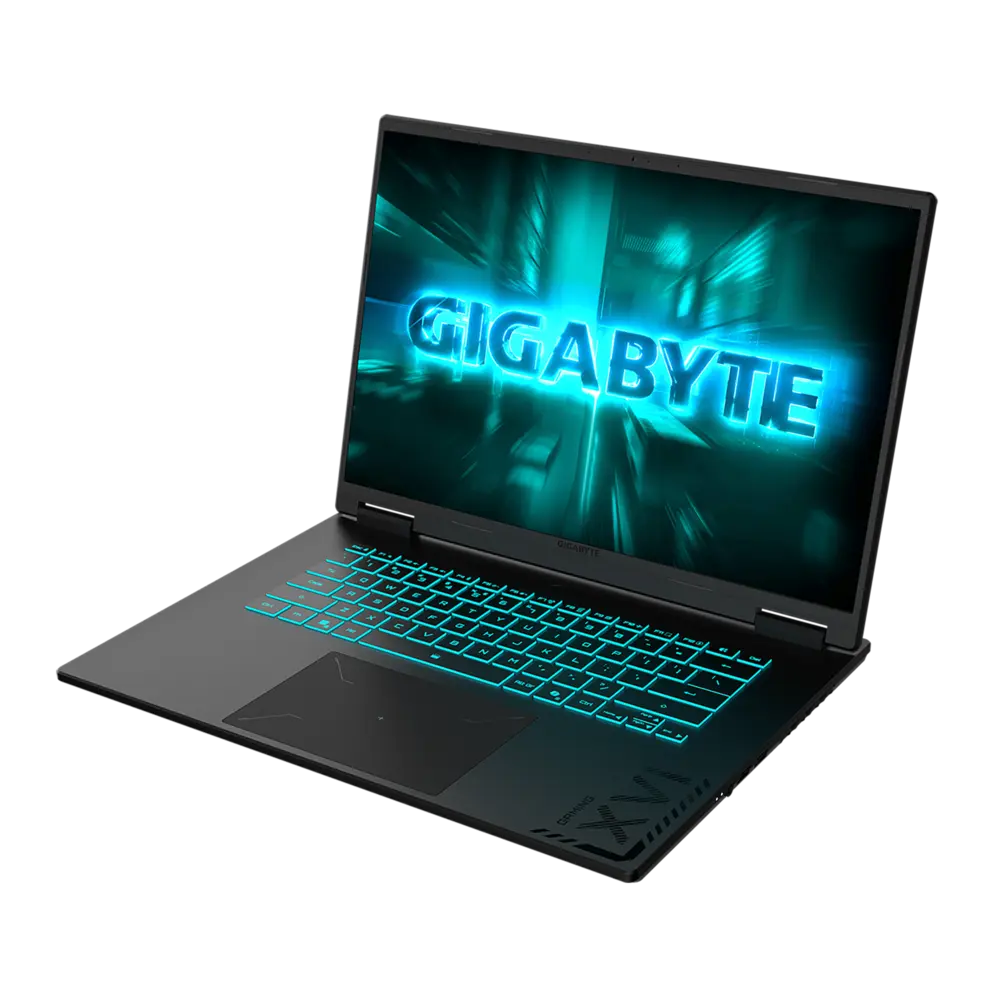 Siyah bir Gigabyte oyun dizüstü bilgisayarı. Ekran, Gigabyte logosunu mavi renkte gösterir. Klavye tuşları da mavi renkte aydınlatılır.