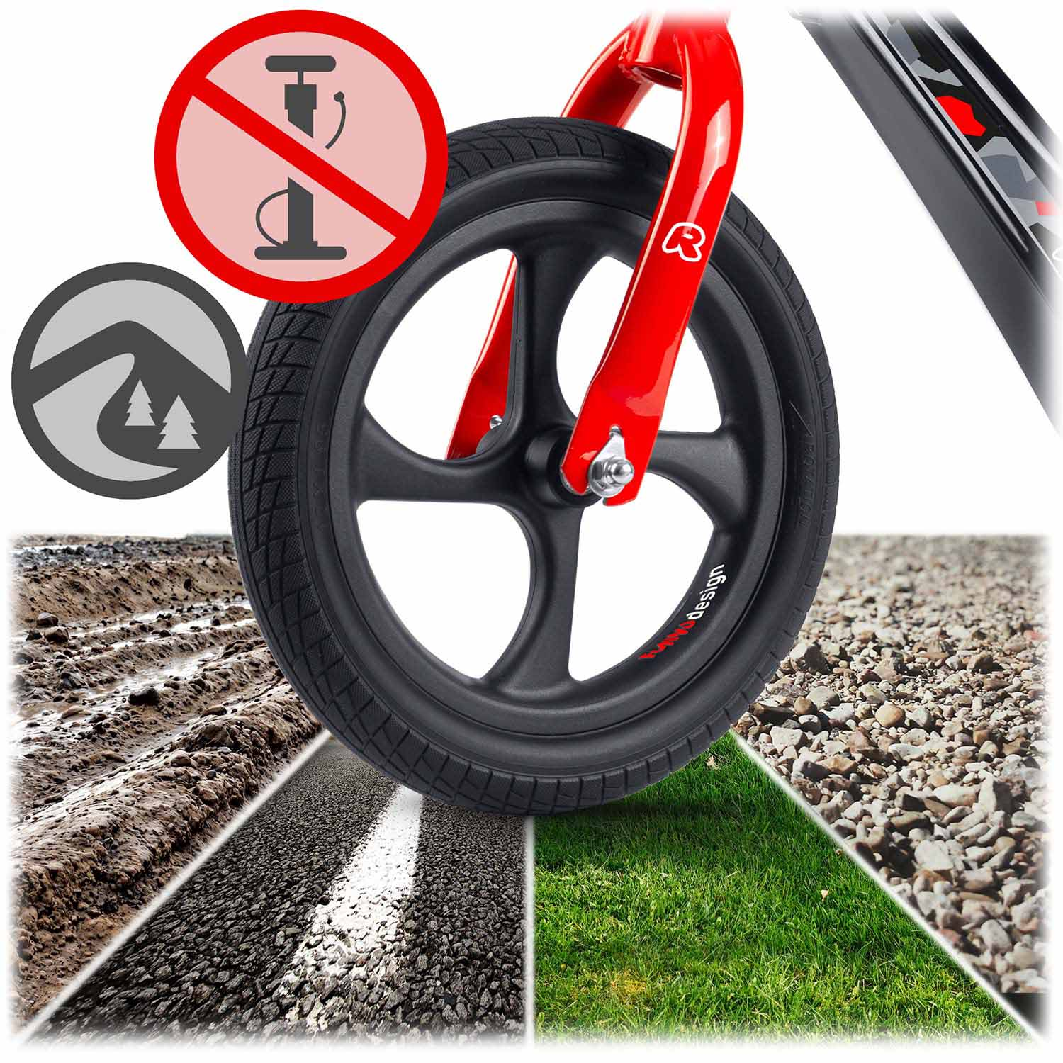 Czerwone i czarne koło roweru z różnymi teksturami podłoża: błoto, asfalt, trawa i żwir. Symbole wskazują brak pompy i krajobraz górski.