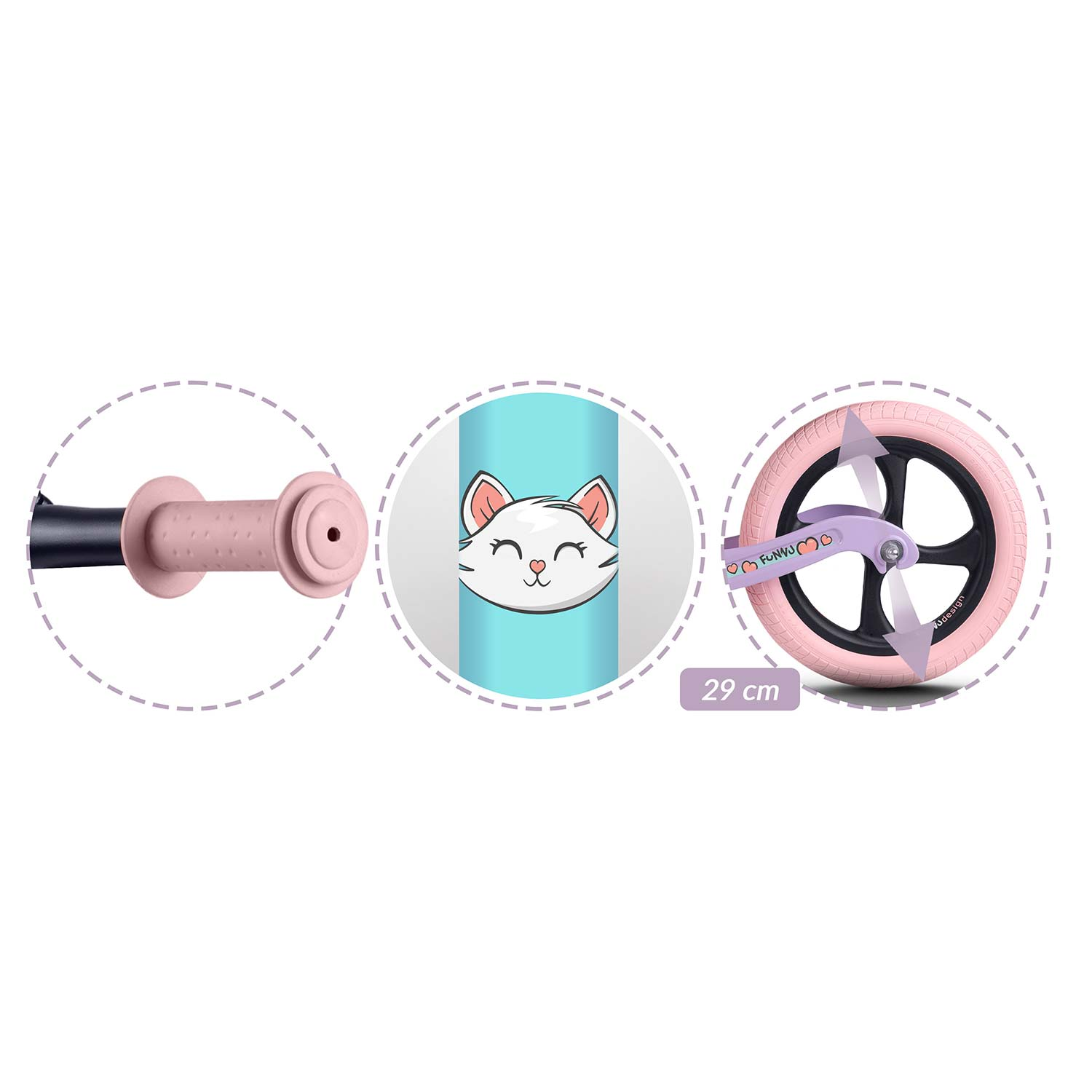 Różowa kierownica, niebieska tuba z twarzą kota i różowe koło z czarnymi szprychami oraz etykieta 29 cm.