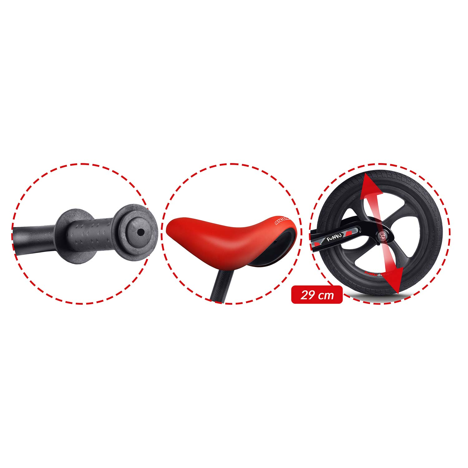 Części roweru biegowego: kierownica, czerwone siodełko i czarne koło. Przerywane linie otaczają każdą część. Koło ma 29 cm.