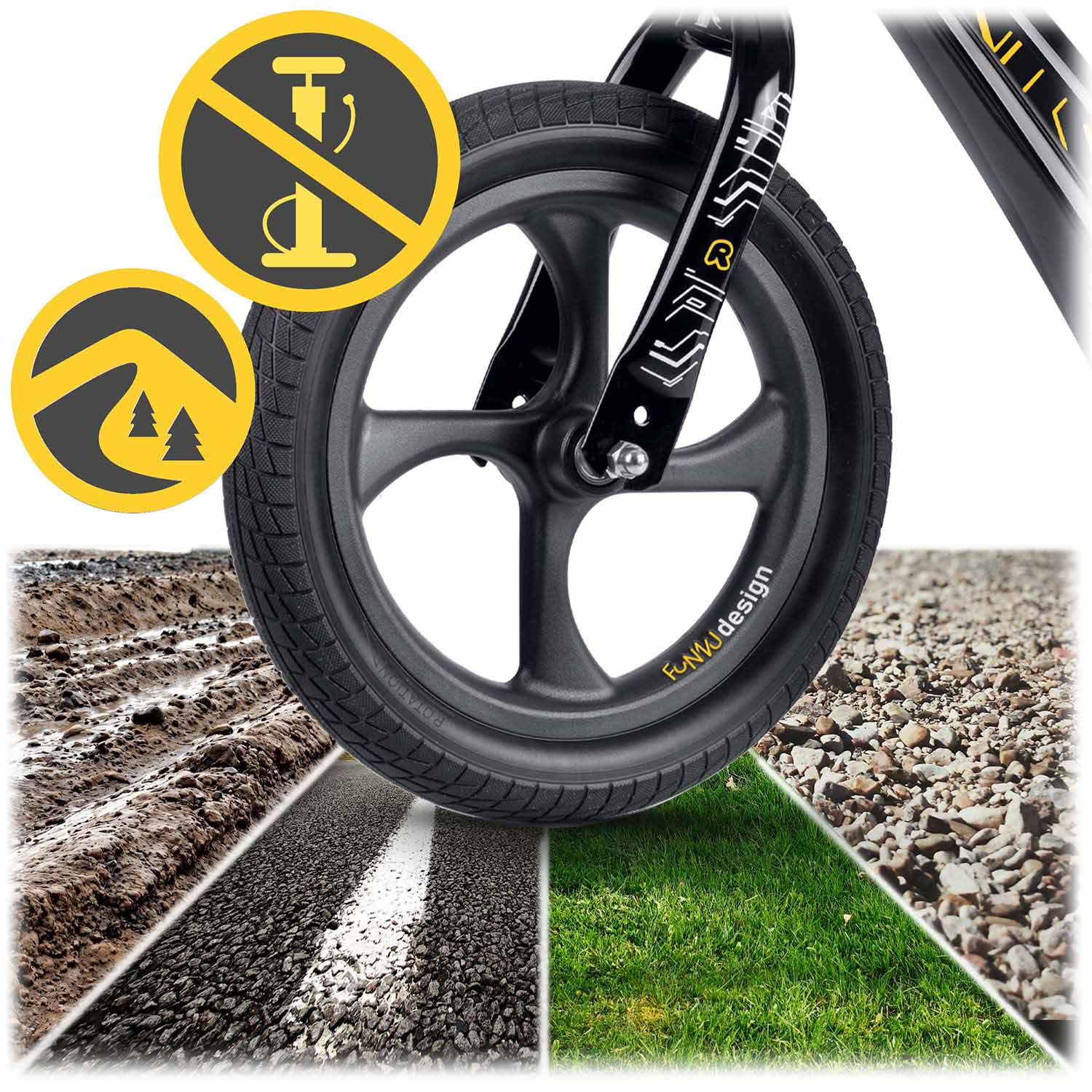 Czarne koło roweru ze znakiem zakazu pompowania i przykładami terenu: błoto, asfalt, trawa, żwir. Koło ma FunV design.