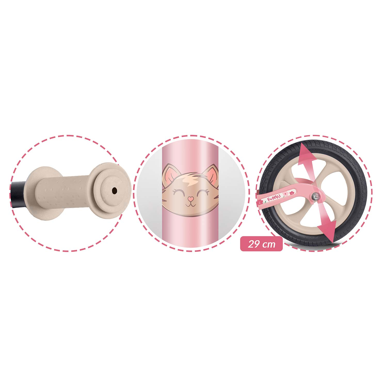 Części różowego rowerka biegowego: kierownica, rama, koło i różowa rama z ilustracją kota. Rozmiar to 29 cm.
