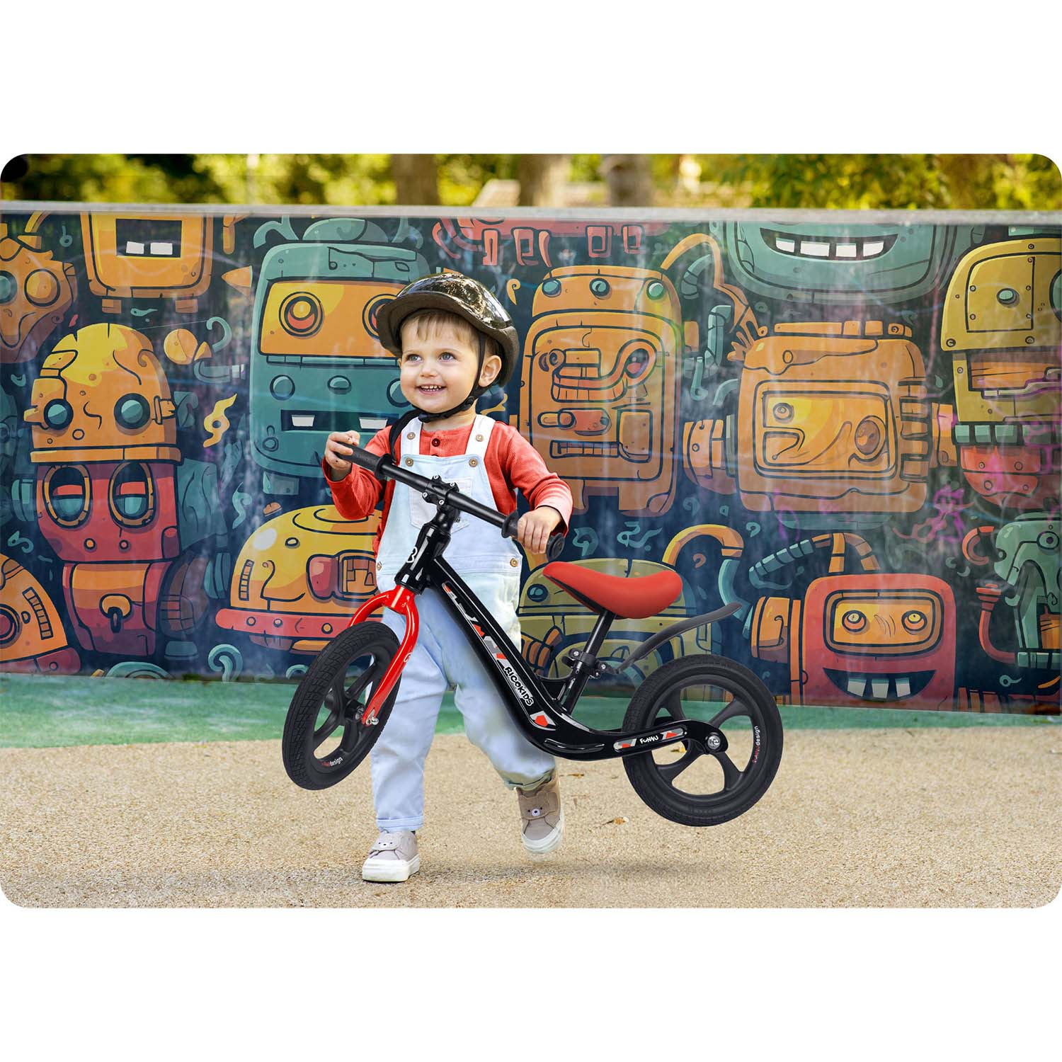 Dziecko w kasku i kombinezonie trzyma rowerek biegowy. Tło to mural z kolorowymi twarzami robotów.