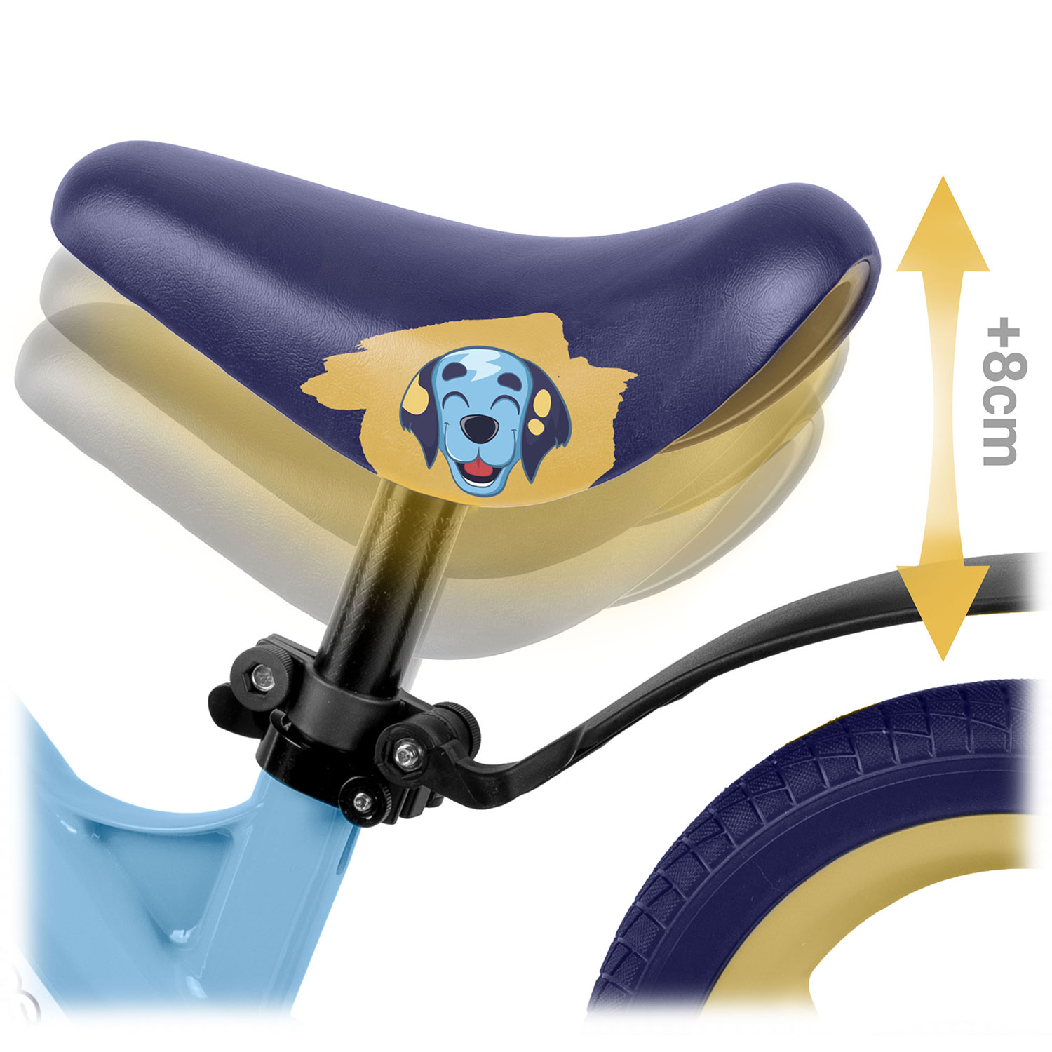 Niebiesko-żółte siodełko rowerowe z rysunkiem psa. Wysokość siodełka jest regulowana.