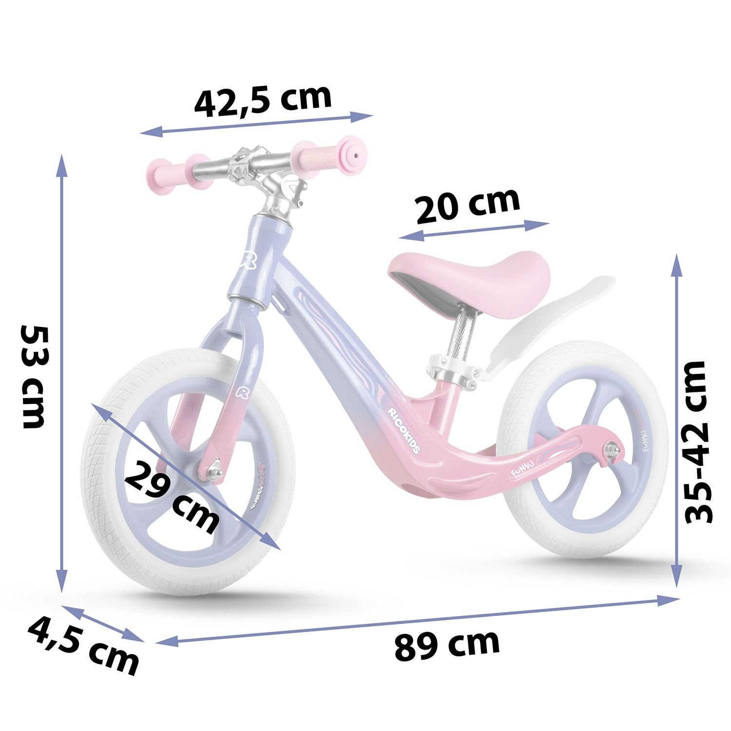 Rowerek biegowy z różową i niebieską ramą. Ma białe opony i różowe siodełko. Wymiary są wyświetlane w centymetrach.