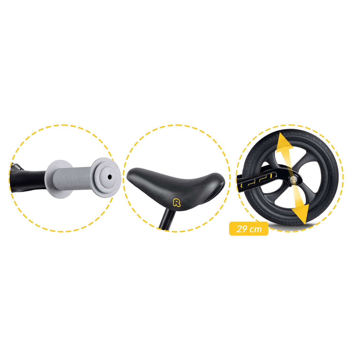 Części roweru biegowego: kierownica, siodełko i koło. Kierownica jest szara, siodełko czarne z żółtym logo, koło czarne z żółtą strzałką.