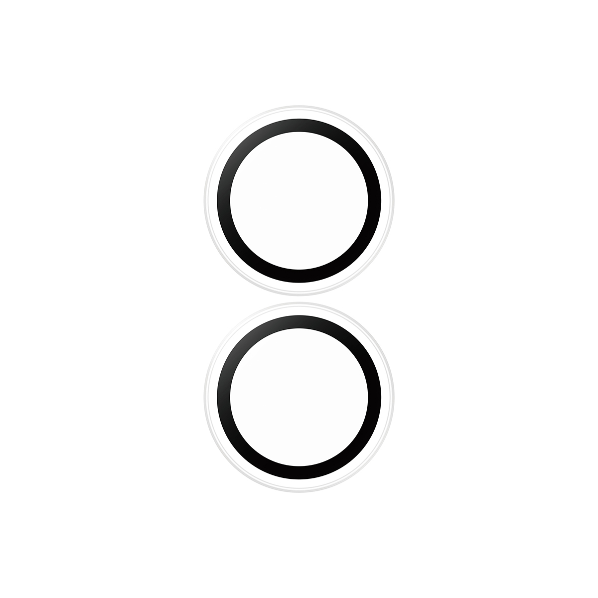 Two circles stacked vertically. Each circle has a white center, a black ring, and a thin, light gray outer ring, set against a white background.