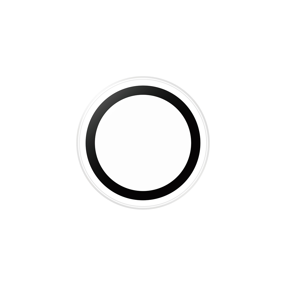 Een witte achtergrond met een zwarte ring en een witte rand, die een witte cirkel omsluit.