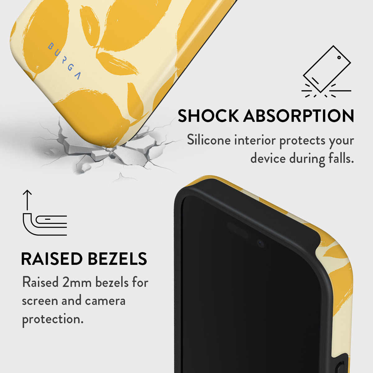 Coque de téléphone avec motif de feuilles jaunes. Elle possède des rebords surélevés et des fonctions d'absorption des chocs. Le téléphone est noir. Fond blanc.