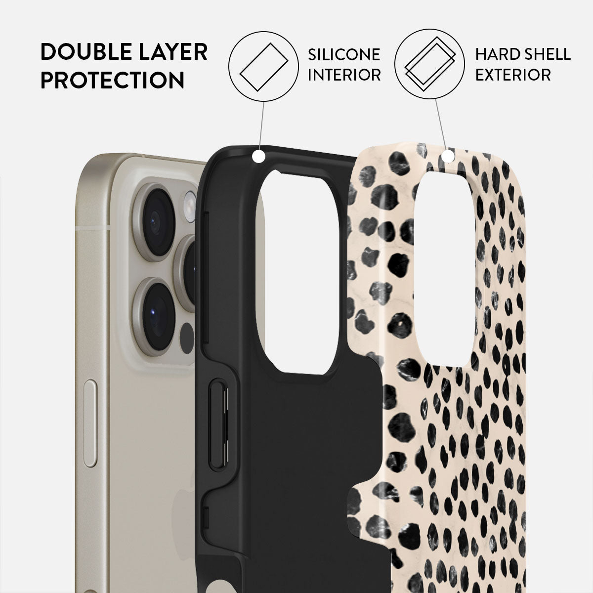 Coque de téléphone avec protection double couche, intérieur en silicone et extérieur rigide. Motif tacheté.