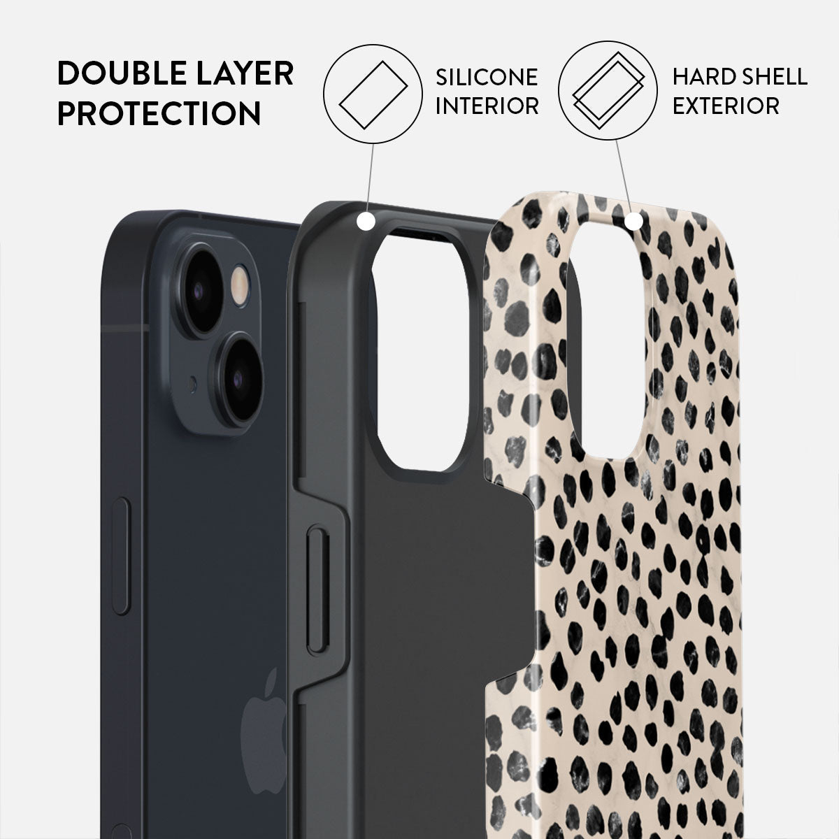 Eine Handyhülle mit doppeltem Schutz. Sie hat eine schwarze Silikoninnenseite und eine gepunktete Hartschale, mit einem iPhone darin.