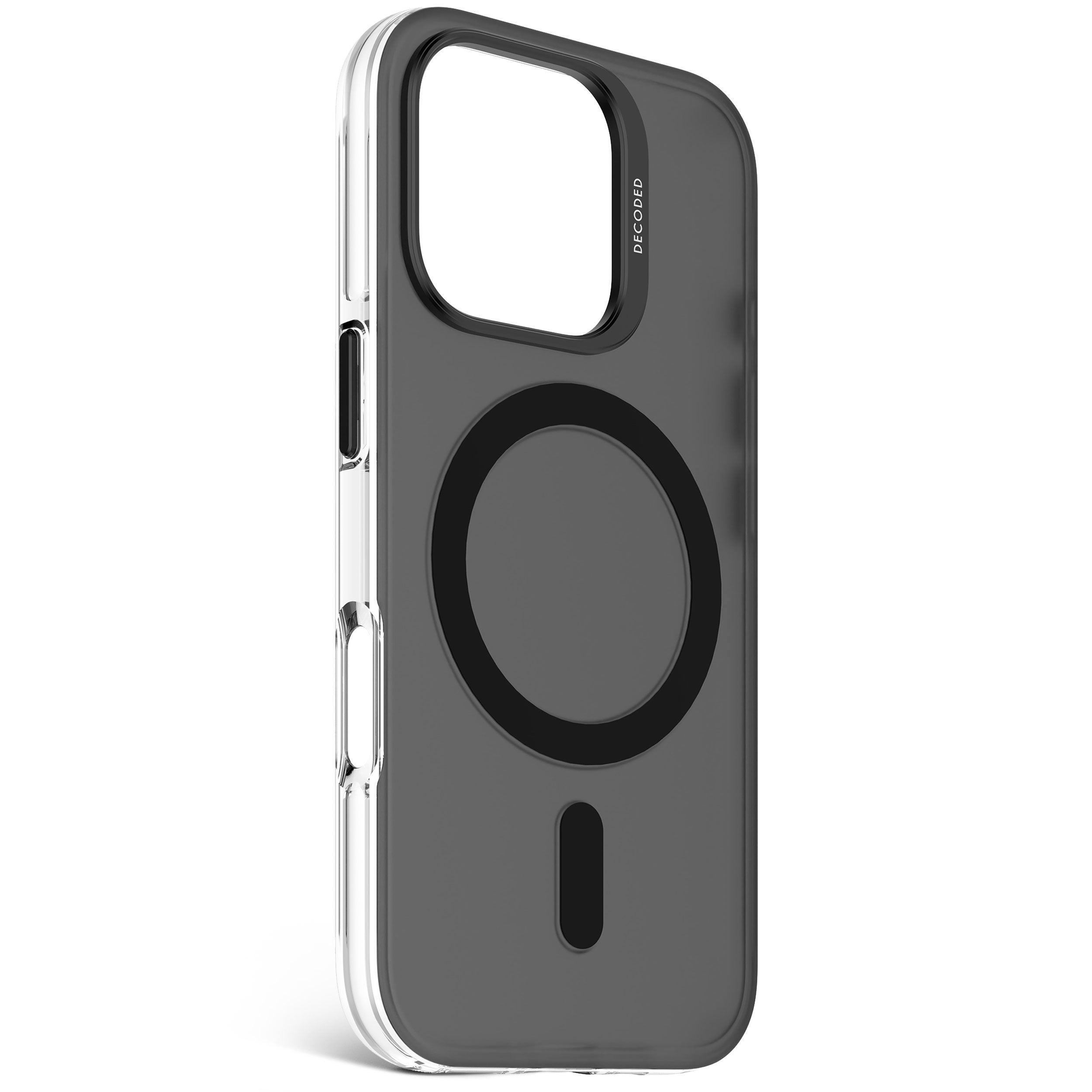 Una custodia per telefono trasparente e grigia. La custodia ha un cerchio nero e un rettangolo nero.