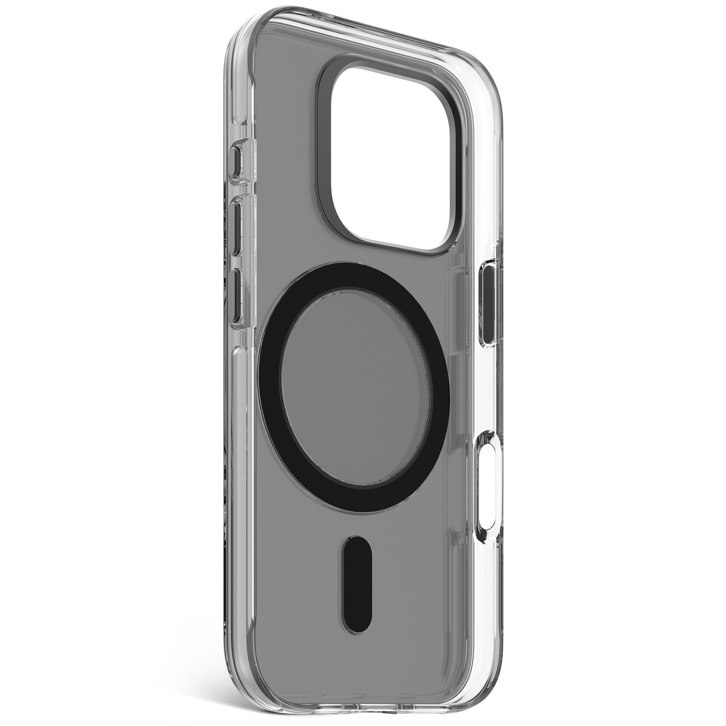 Custodia trasparente per telefono con ritaglio per fotocamera, anello magnetico e piccolo rettangolo nero.