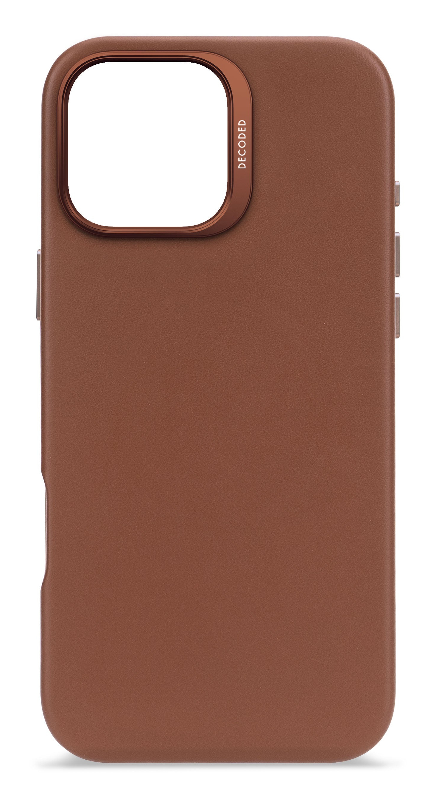Une coque de téléphone marron avec une découpe pour l'appareil photo. Le mot "DECODED" est imprimé près de la caméra. Boutons à droite.