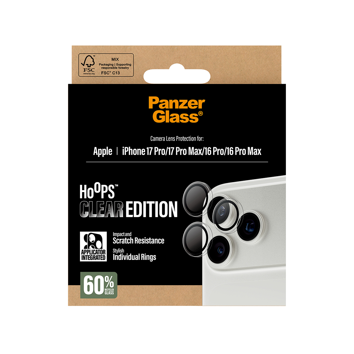 Panzer Glass ekran koruyucu ambalajı. Ürün adı, lens koruyucuları ve iPhone kamerası ile siyah arka plan. %60 geri dönüştürülmüş cam.