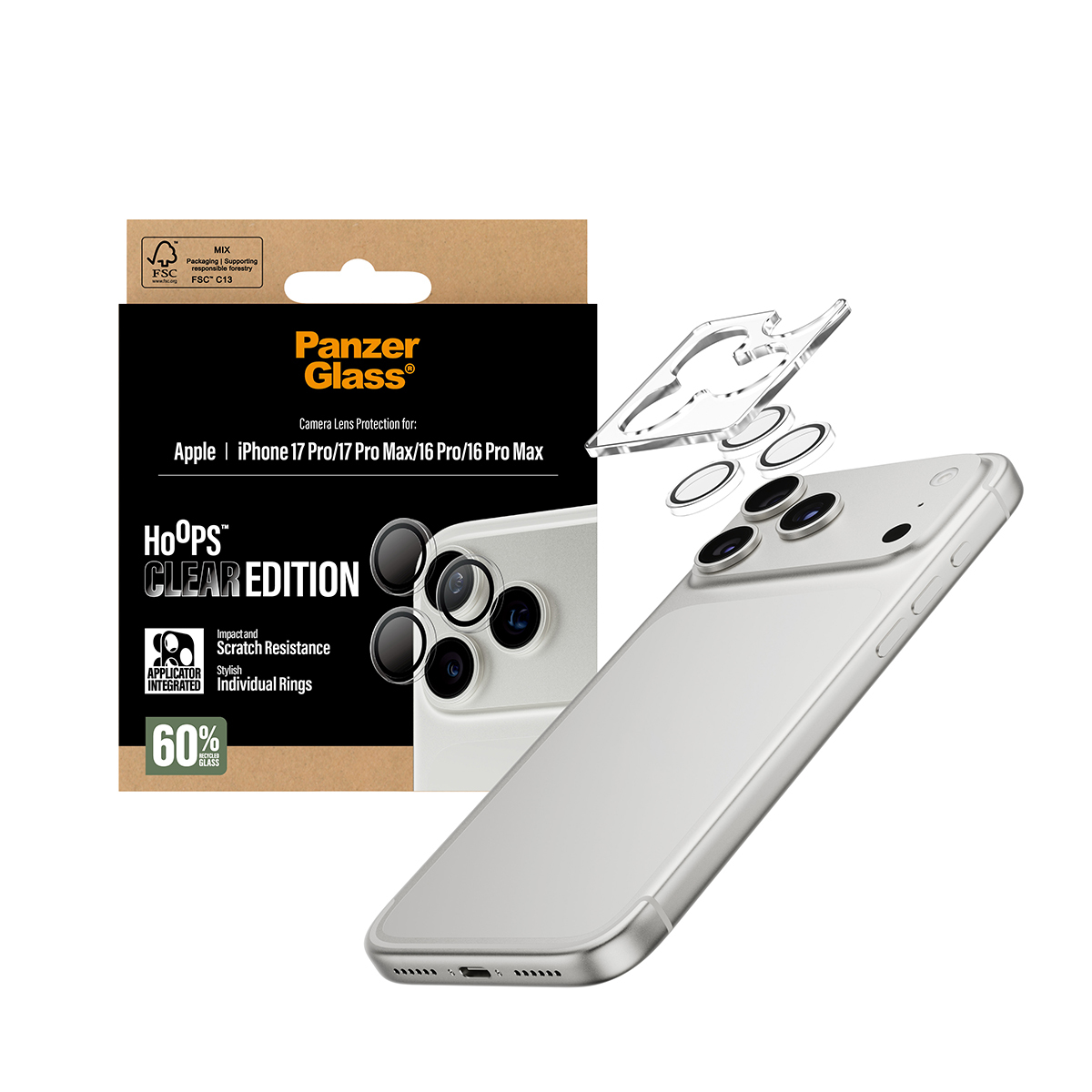 iPhone için Panzer Glass ekran koruyucu ürün çekimi. Koruyucu, telefon ve ambalaj içerir. Halka korumalı Clear sürümü.