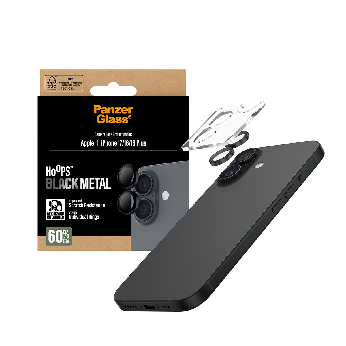 Kameralı lens koruması olan siyah bir iPhone. Ambalaj, lens koruyucularıyla bir iPhone gösteriyor. Metin 'Hoops Black Metal' diyor.