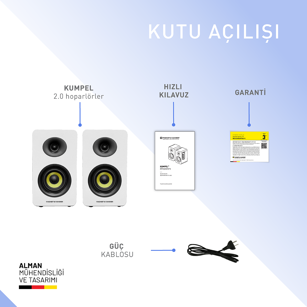 Kutu açılımı: beyaz hoparlörler, hızlı kılavuz, garanti kartı, güç kablosu. Alman mühendislik tasarımı. Hoparlörlerin sarı merkezleri var.