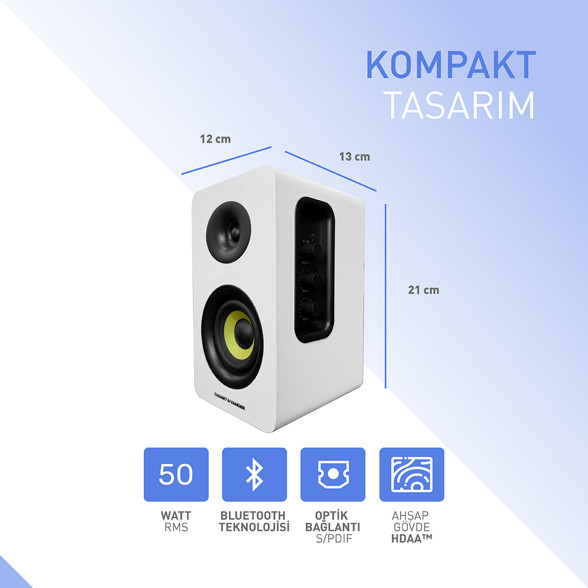Siyah öğelere sahip beyaz hoparlör. Boyutlar görüntüleniyor. Bluetooth ve optik bağlantıya sahip. Metinde 'KOMPAKT TASARIM' yazıyor.