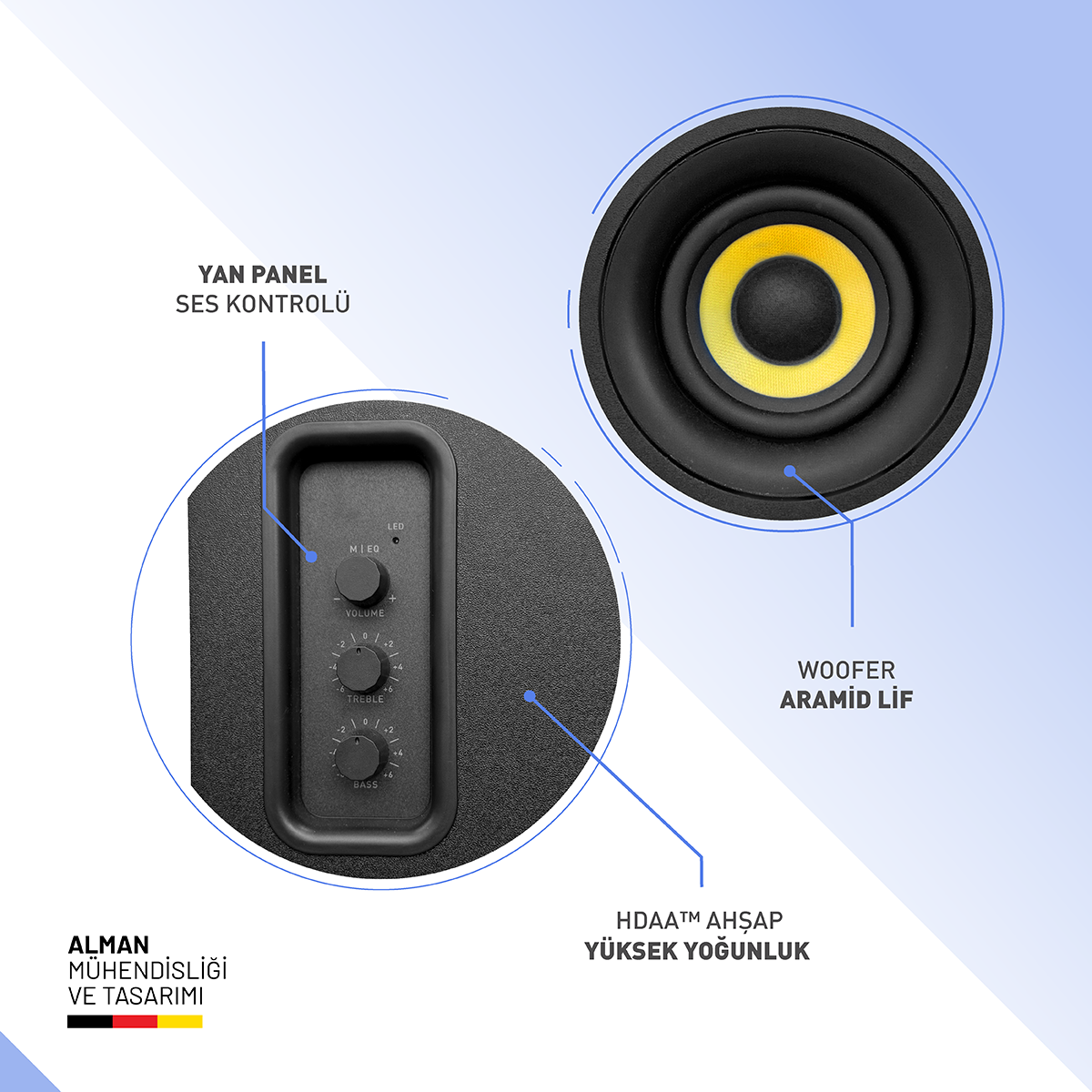 Sarı merkezli siyah bir woofer'ı gösteren bir hoparlör detayı. Ayrıca ses, tiz ve bas düğmelerine sahip bir kontrol paneli de görülüyor.