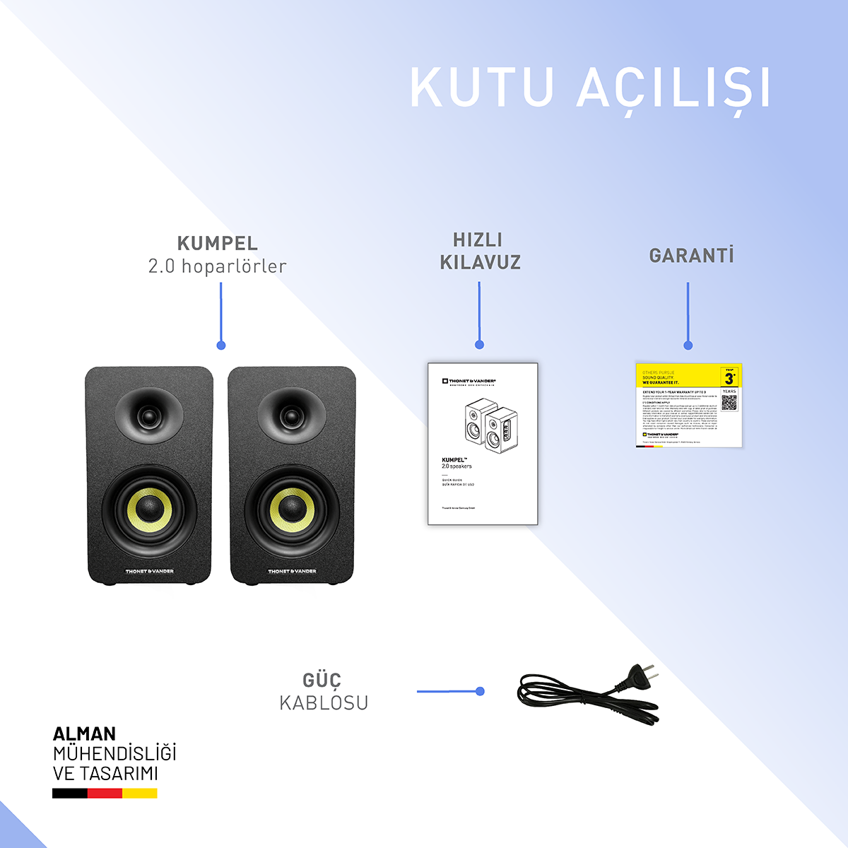 KUMPEL 2.0 hoparlörlerin kutu açılışı. Hoparlörler, hızlı kılavuz, garanti kartı ve güç kablosu içerir. Alman mühendisliği ve tasarımı.