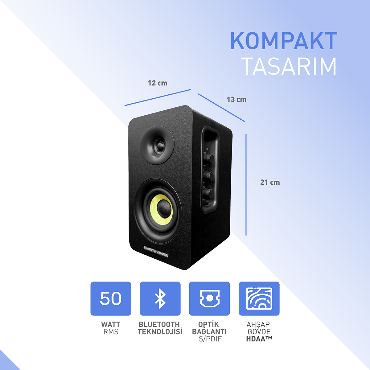 Sarı detaylı siyah hoparlör, boyutlar belirtilmiş. Özellikler: Bluetooth, 50W RMS ve optik bağlantı. Metin: Kompakt tasarım.
