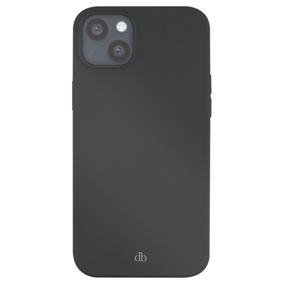 Una custodia nera per smartphone. Ha un modulo fotocamera in alto. Il fondo ha il logo 'db'.