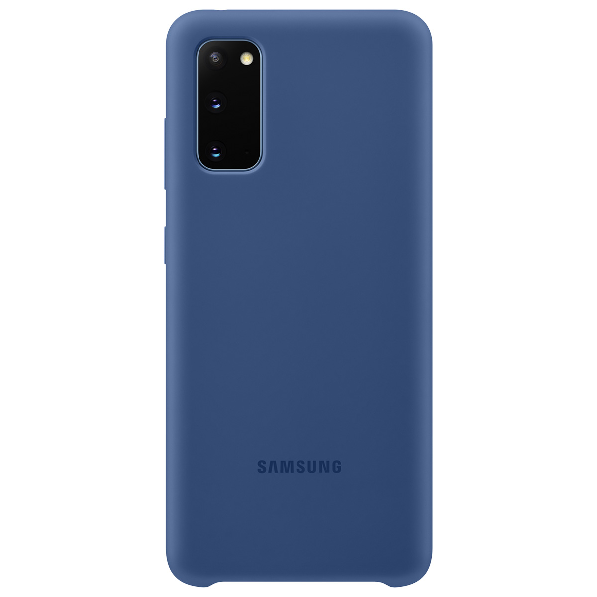 Una custodia blu per un telefono Samsung. Ha un array di fotocamere e il logo Samsung in basso. La custodia è blu unita.